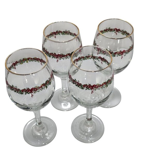 4 Libbey Ribbon Holly Goblets 7.5" water wine gold rim festive holiday Christmas - Picture 2 of 14